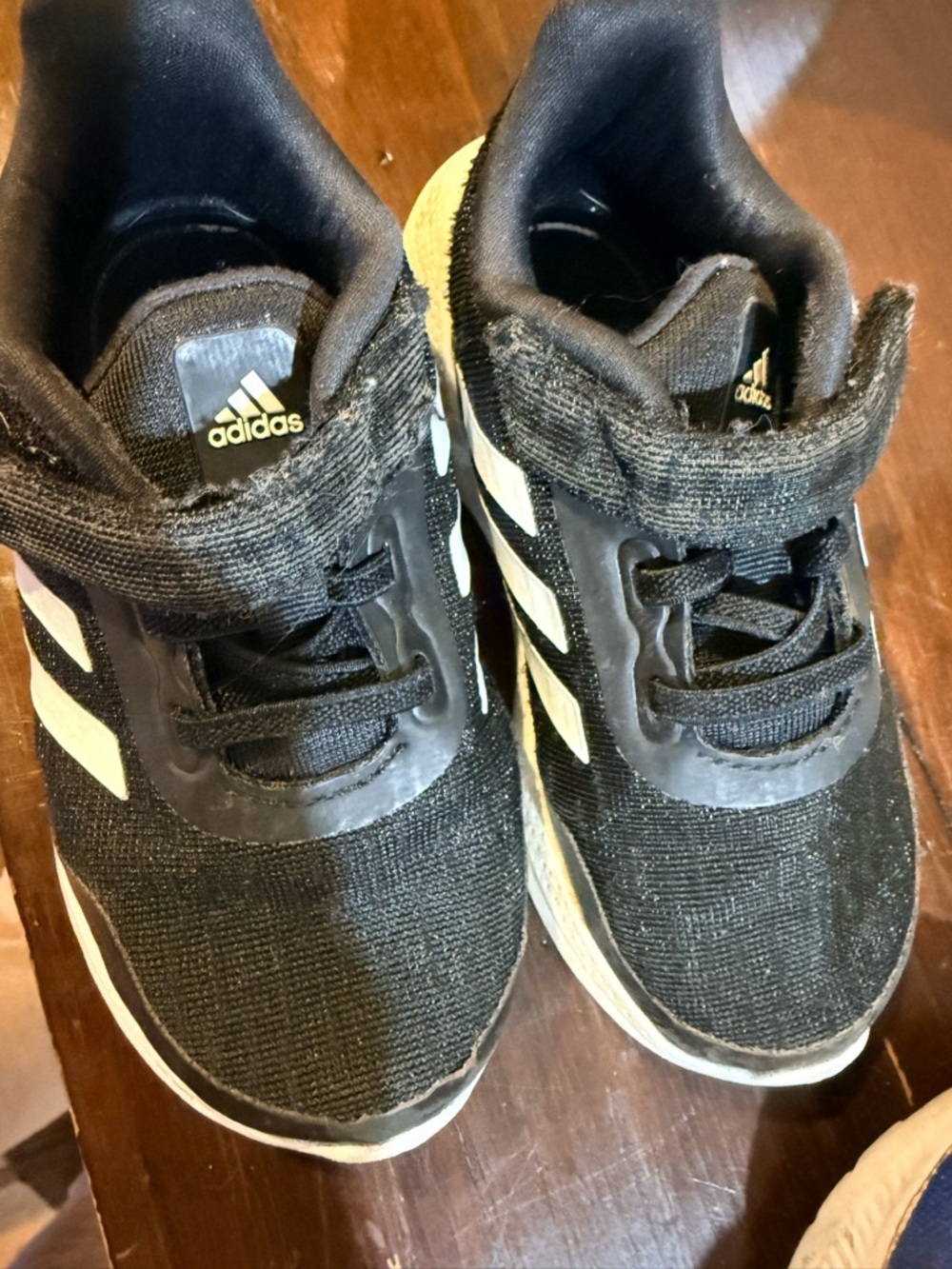 adidas Kids Black Sneakers with White Stripes and Yellow Accents